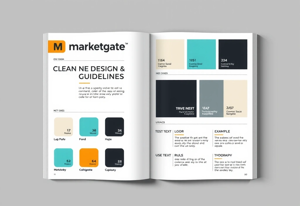 Otevřený brandbook s designovými směrnicemi a logem marketgate