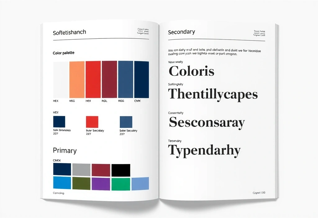 Stránka brandbooku s ukázkami typografie a barevných palet