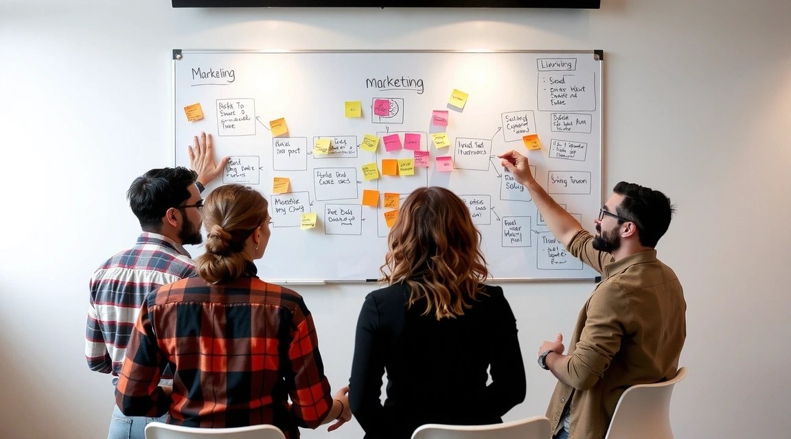 Tým marketingu diskutující strategii u whiteboardu