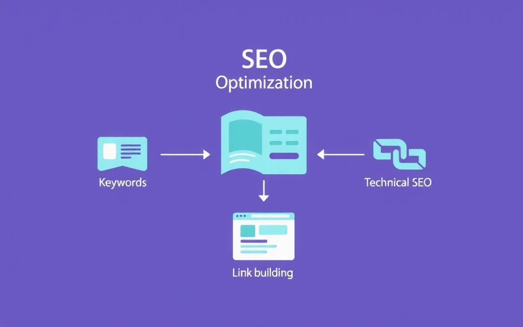 Ilustrace procesu SEO optimalizace s ikonami klíčových slov a grafy