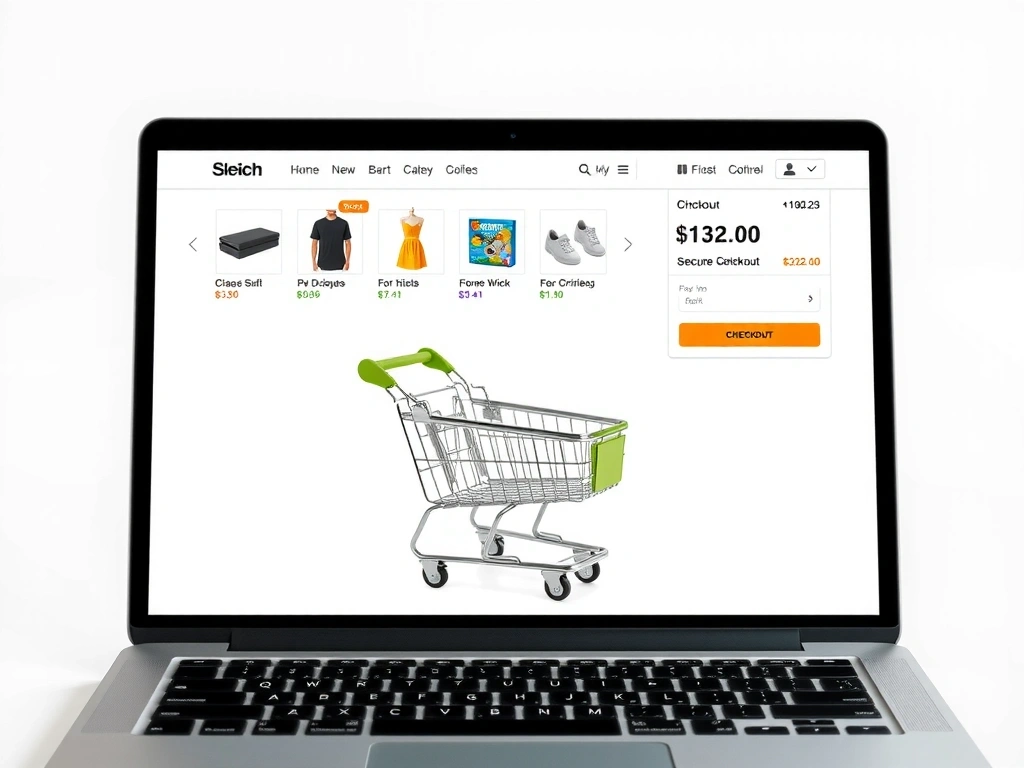 Ilustrace rozhraní online nákupního košíku s produkty a tlačítky pro platbu