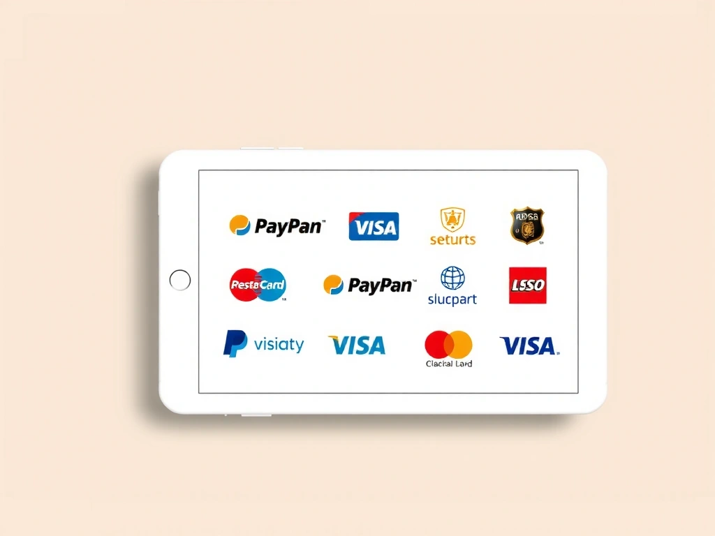 Různé platební karty a ikony platebních bran na displeji tabletu