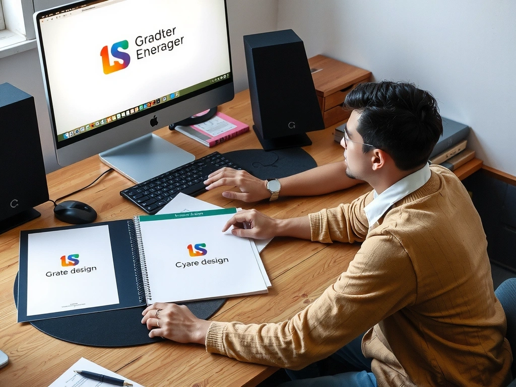 Designér pracuje na počítači s grafickým softwarem, tvoří logo a další prvky firemní identity, s inspirativními skicami a nápady rozloženými kolem.