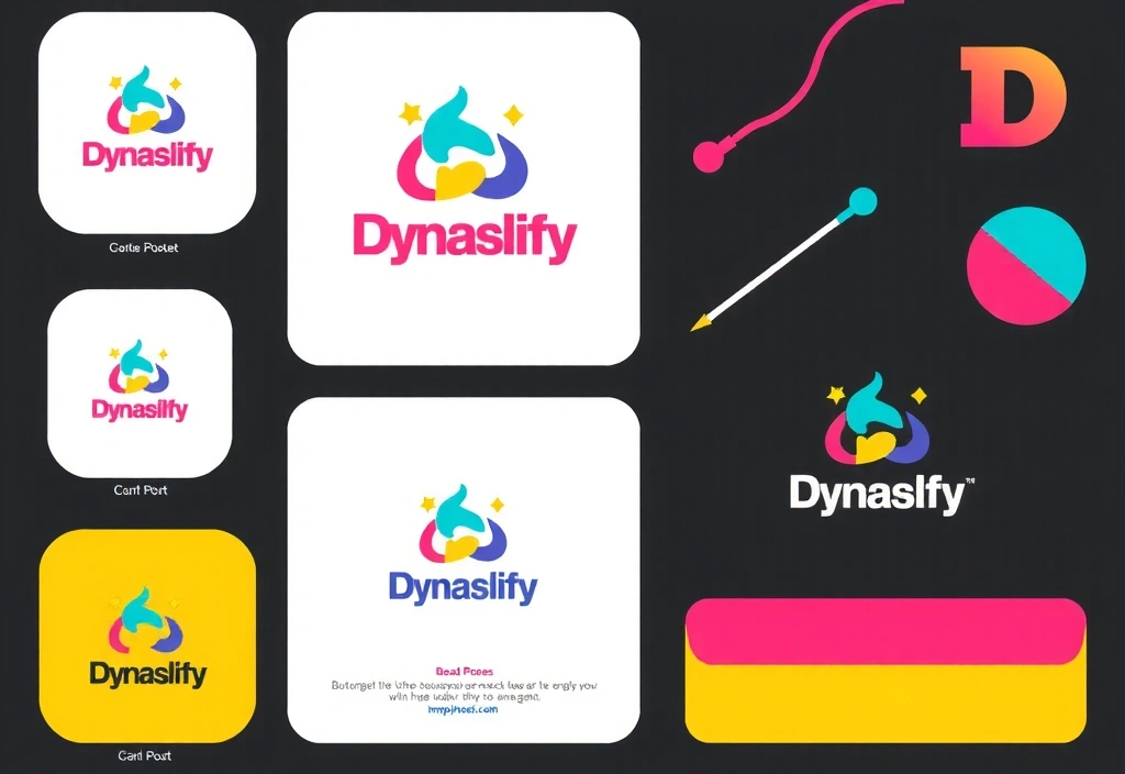 Příklad dynamické firemní identity s hravým logem, živými barvami a kreativními grafickými prvky, aplikovaný na marketingových materiálech a sociálních médiích.