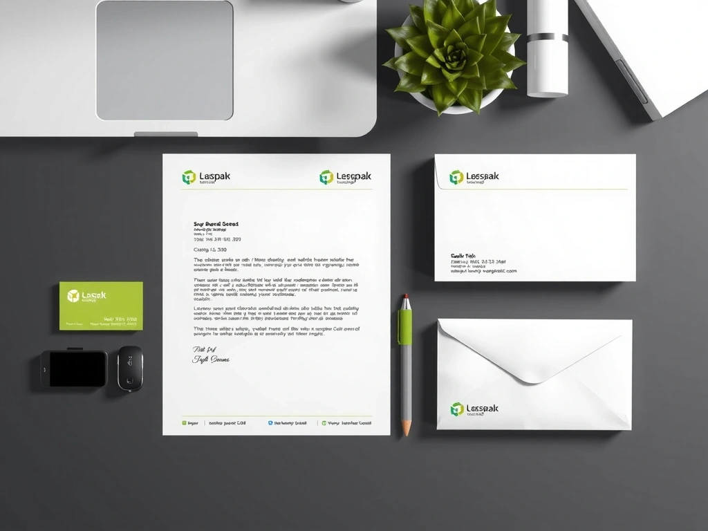 Různé prvky firemní identity, jako je logo, vizitka, hlavičkový papír a obálka, uspořádané dohromady na moderním stole.