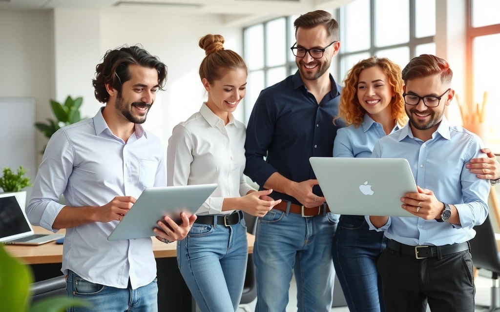 Šťastný a různorodý tým spolupracující v moderní kanceláři