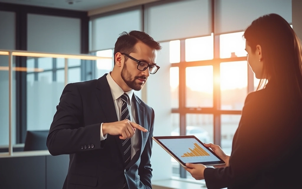 Dva lidé diskutují nad grafy ukazujícími individuální strategii