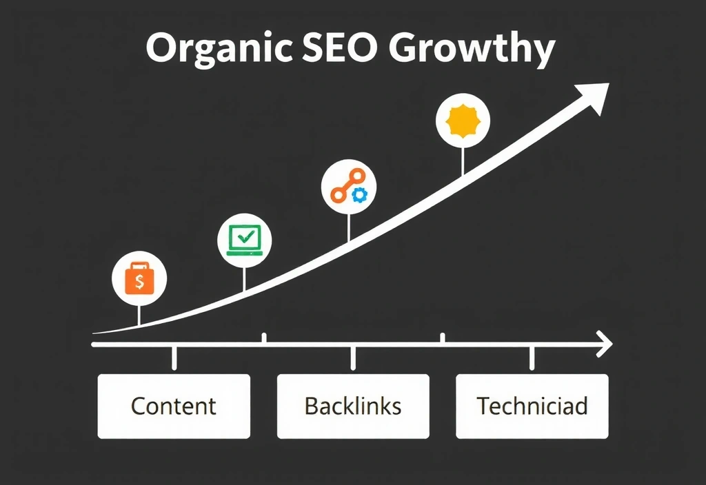 Grafické znázornění organického růstu SEO s pomalu stoupající křivkou