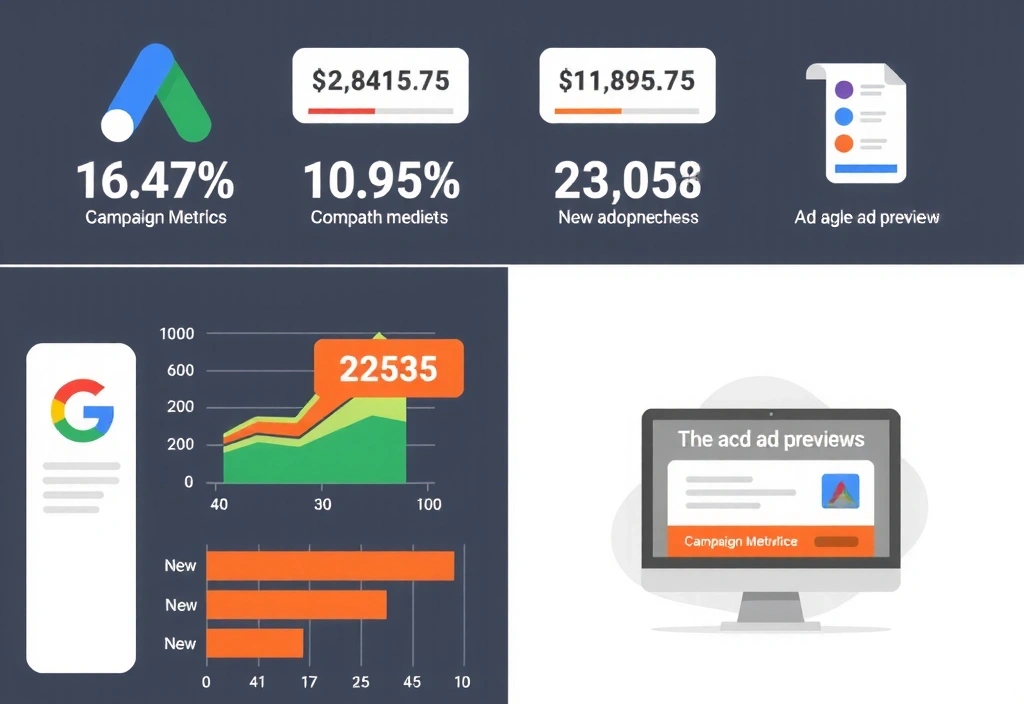 Ilustrace rozhraní Google Ads s grafy a reklamními kampaněmi