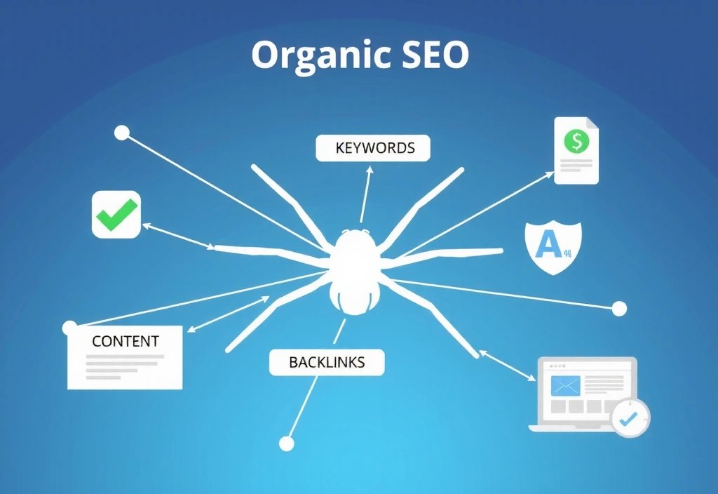 Ilustrace organického SEO s pavučinou odkazů a obsahu