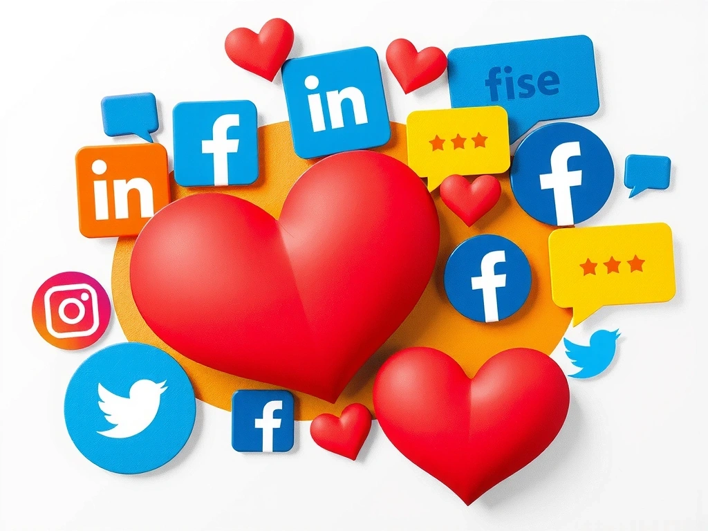 Abstraktní reprezentace marketingu na sociálních sítích s ikonami jako jsou srdce, palec nahoru a bubliny s komentáři.