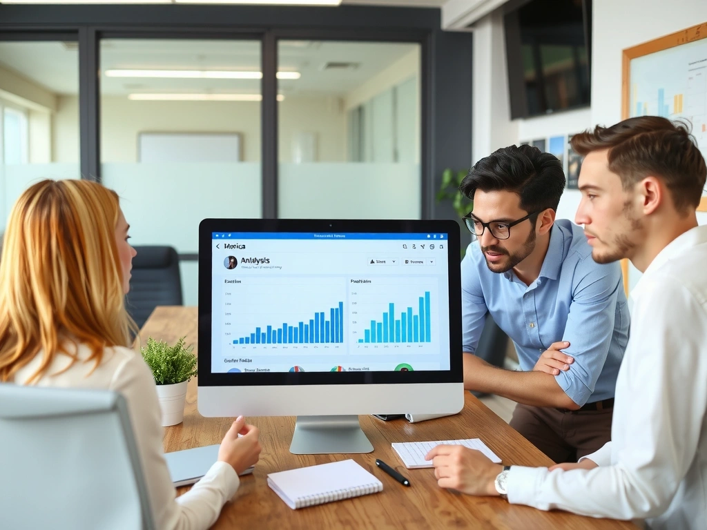 Tým marketgate diskutuje nad grafy a statistikami sociálních médií na obrazovce počítače.