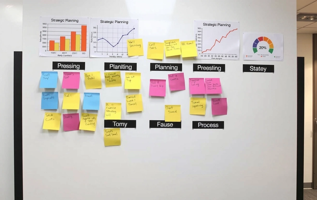 Strategic planning board with sticky notes and charts, depicting a comprehensive marketing strategy development process.
