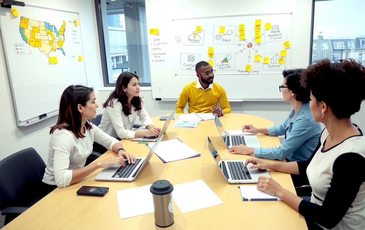 Team collaborating on a marketing strategy, brainstorming ideas around a table with laptops and whiteboards.